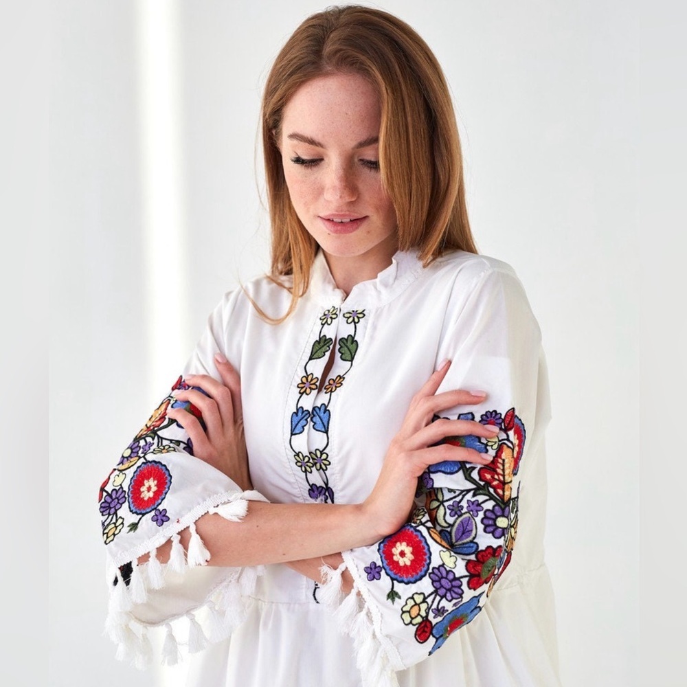 ESQ Embroidered Boho Midi Dress Women’s Small White Floral Tassel - Picture 5 of 9